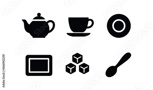 vector solid black filled icons tea set on table (minimal setup): white teapot simple cups round saucers square tray sugar cubes metal spoon.