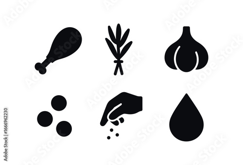 vector solid black filled icons soup ingredients set (broth kit): chicken leg herb bundle garlic clove peppercorn trio salt pinch water droplet.