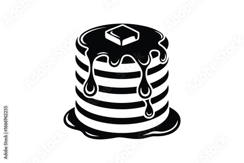 Black and white pancake stack with butter and dripping syrup