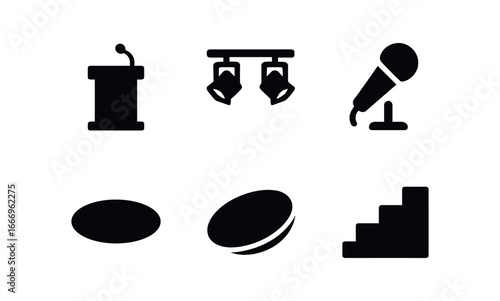 vector solid black filled icons graduation period (ceremony stage): podium icon stage lights microphone shadow smear highlight rim step line.