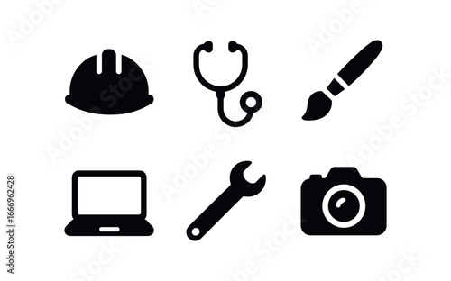 vector solid black filled icons career exploration (tools display): helmet stethoscope paintbrush wrench laptop camera.