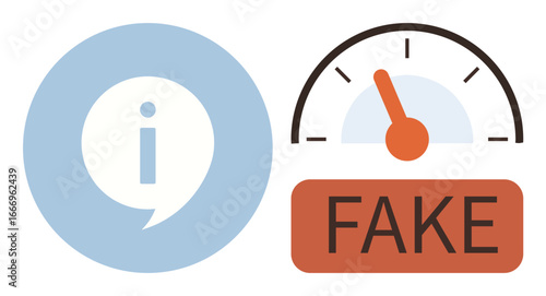 Info bubble icon beside a gauge with needle pointing to Fake. Ideal for misinformation, media analysis, fact-checking, critical thinking, journalism, fake news detection, simple flat metaphor