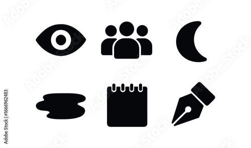 vector solid black filled icons ethnographer (participant observation): eye icon group silhouettes shadow smear highlight rim note pad pen tip.