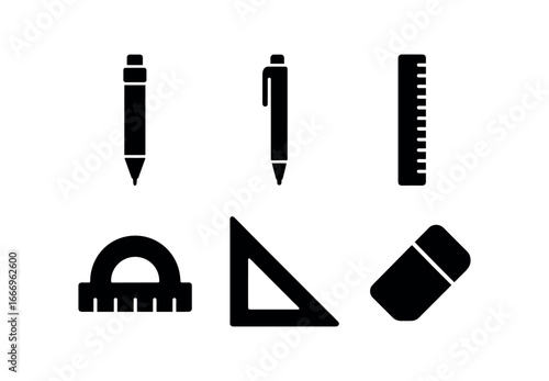 vector solid black filled icons graph paper (drafting tools): mechanical pencil technical pen steel ruler protractor set square plastic eraser.
