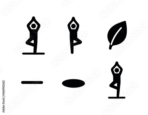 vector solid black filled icons yoga in the park (tree pose): one leg stand arm stretch leaf icon ground line shadow smear light rim.