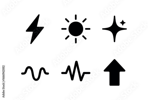 vector solid black filled icons elation (energy icons): lightning bolt sun flare spark burst neon glow wave pulse power up arrow.