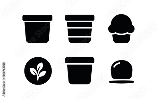 vector solid black filled icons ice cream delivery (dairy free tub): tub outline label stripe scoop dome plant icon highlight rim shadow smear.