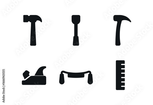 vector solid black filled icons barrel cooper (tools): hammer hoop driver adze plane drawknife measuring stick.