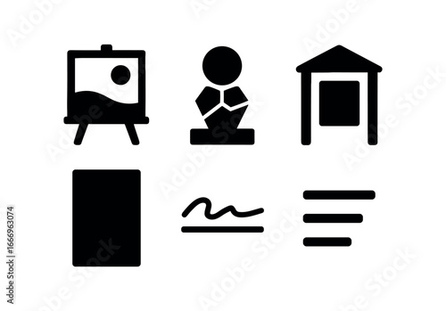 vector solid black filled icons clarity (creative): minimalist painting geometric sculpture open gallery white canvas neat handwriting clean typography.