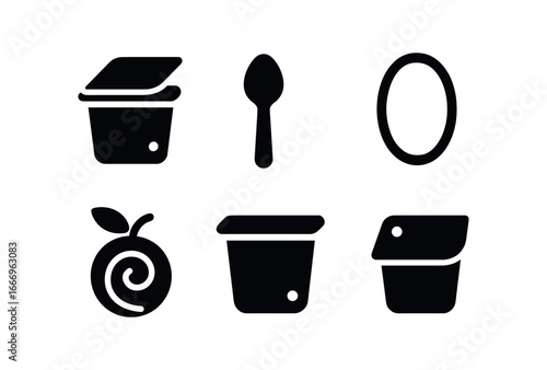vector solid black filled icons kids lunchbox (yogurt cup): yogurt tub spoon tip lid ring fruit swirl container edge highlight dot.