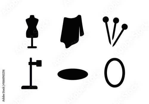 vector solid black filled icons costumer (mannequin drape): dress form fabric drape pin cluster clamp stand shadow smear light rim.