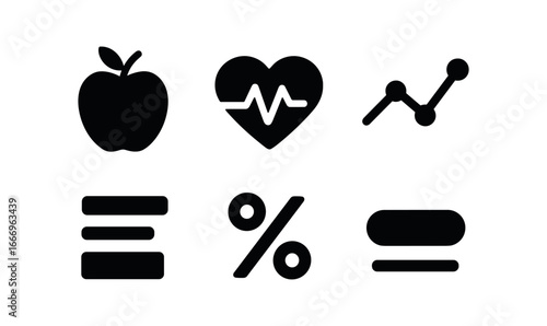 vector solid black filled icons food blog (nutrition info): icon heart beat chart line text block % dot shadow.