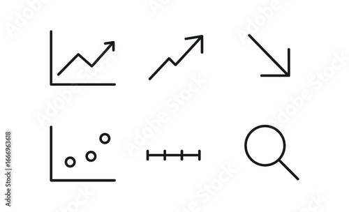 vector outline icons competitive market research (trend analysis): line graph upward arrow downward arrow data points date axis magnifier.