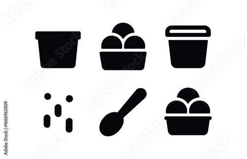 vector solid black filled icons ice cream delivery (three scoop tub): tub outline three domes lid ring drip dots spoon icon highlight rim.