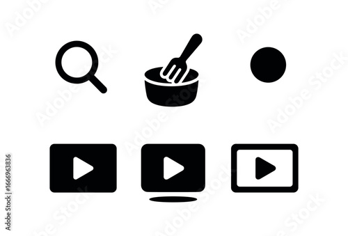 vector solid black filled icons cooking tutorial video (close up shot): frame utensil tip ingredient dot text caption shadow smear light rim.