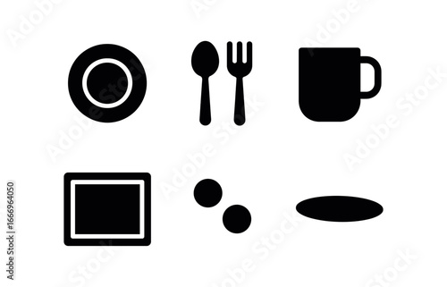 vector solid black filled icons table setting (casual dine): plate icon spoon fork mug silhouette placemat line condiment dot shadow smear.