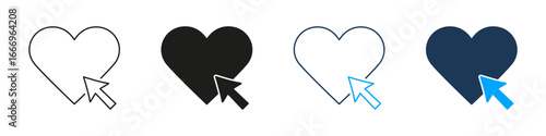 Heart With Cursor Line And Solid Icon Set. Online Interaction, Digital Engagement, And Social Media Like Symbol Collection. User Experience And Web Design Elements. Isolated Vector Illustration