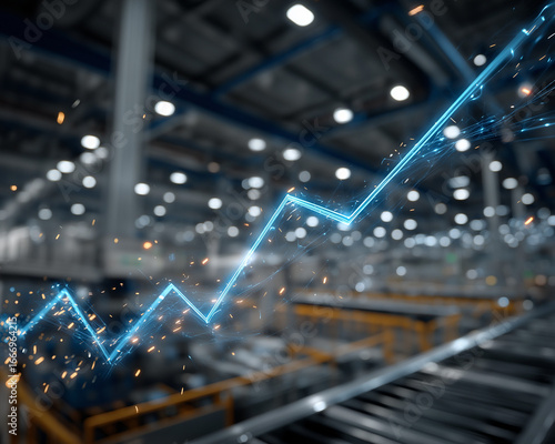 Industry Growth: A dynamic graph ascends in a manufacturing plant, visualizing industrial advancement and prosperity, symbolizing the continuous development of the industry.