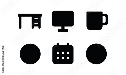vector solid black filled icons settled adulthood (career desk): desk outline monitor icon coffee mug shadow smear highlight rim calendar dot.