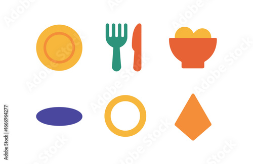 vector colorful filled icons moving in together (first meal): plate set fork knife shared bowl shadow smear light rim napkin fold.