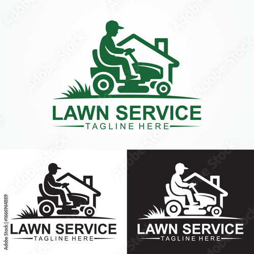 Minimalist Lawn Mower Service Logo Design Vector – House, Grass, Riding Mower Icon