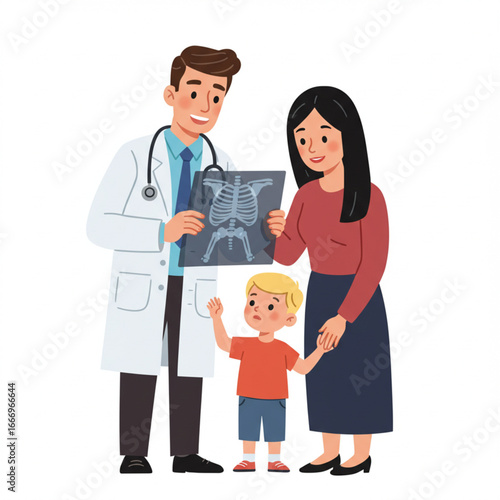 Doctor examining xray with mother and child, healthcare and medical illustration
