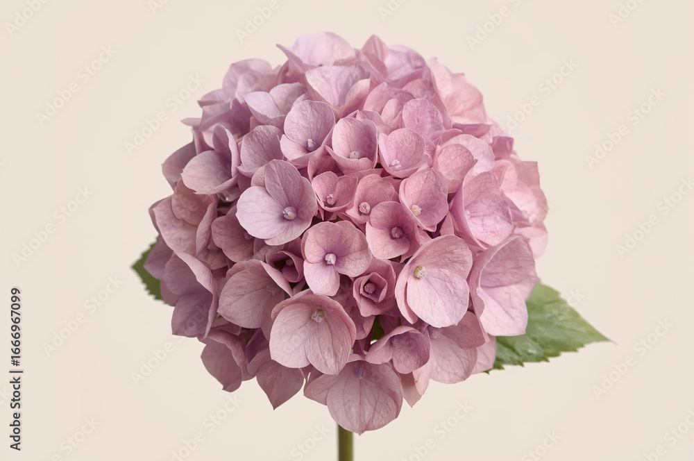 Obraz premium Pink hydrangea bloom, studio shot, neutral background, floral design