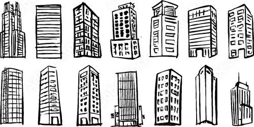 Set of hand drawn decorative blocky concrete buildings for architectural design and urban planning