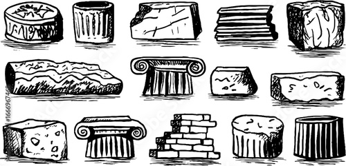 Hand drawn decorative broken column bases collection for architectural design