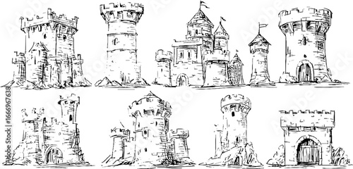 Hand drawn collection of decorative castle towers for historical design and art projects