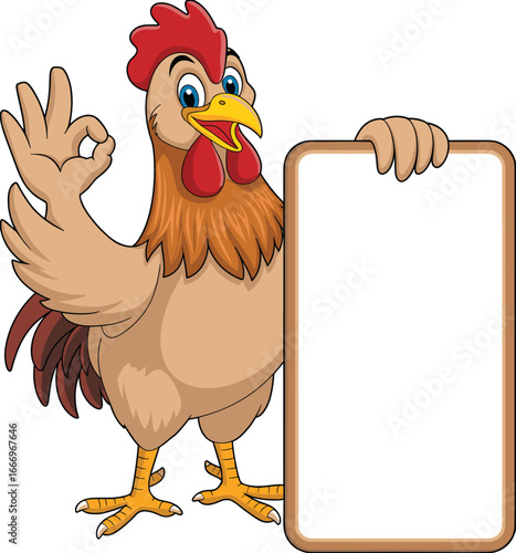 Funny cartoon rooster holding signboard, vector farm animal illustration, mascot chicken character isolated, blank sign for text space