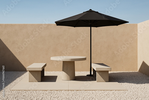 Minimalist Open Patio with Round Concrete Table, Black Modern Umbrella, Twin Benches, White Pebbles, Stucco Walls, and Architectural Outdoor Design for Small Urban Courtyard Spaces
