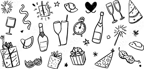 Festive hand drawn champagne and party elements - perfect for celebrations or gift design