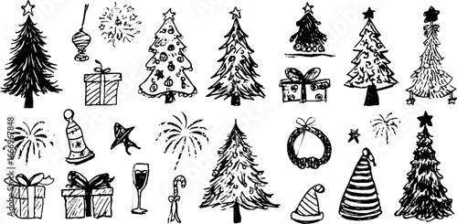 Hand drawn decorative christmas trees and holiday elements collection for festive design