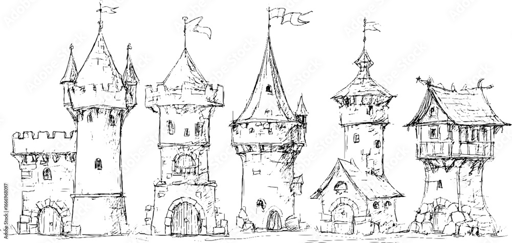 Obraz premium Hand drawn decorative conical turret roofs collection for architectural design