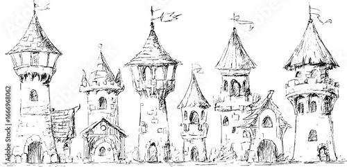 Hand drawn decorative conical turret roofs collection for architectural design