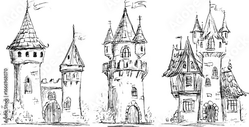 Hand drawn decorative conical turret roofs collection for architectural design
