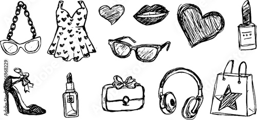 Chic fashion accessories and apparel sketch collection for stylish designs