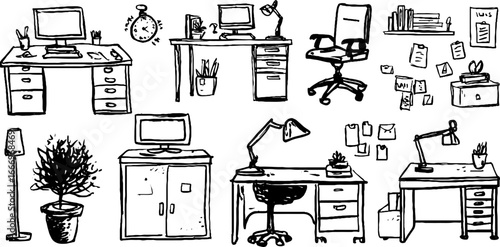 Hand drawn decorative desk set with drawers - office furniture sketch collection for interior design