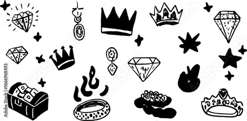 Collection of hand drawn decorative diamond rings and crowns for design inspiration