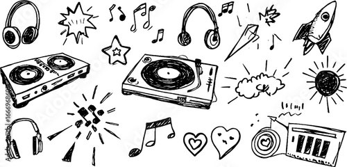 Hand drawn dj turntables and music elements set for creative design projects