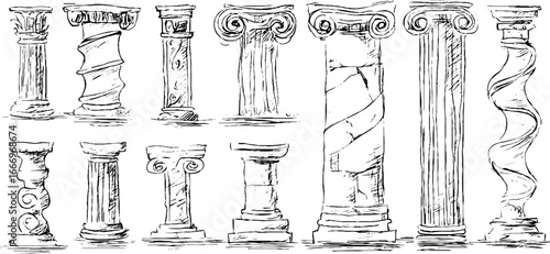 Set of hand drawn decorative doric and ionic columns for architectural design