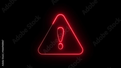 glowing light neon red color warning attention icon animation danger risk alert road warning sign stop error signal emergency issue sign symbol on black background