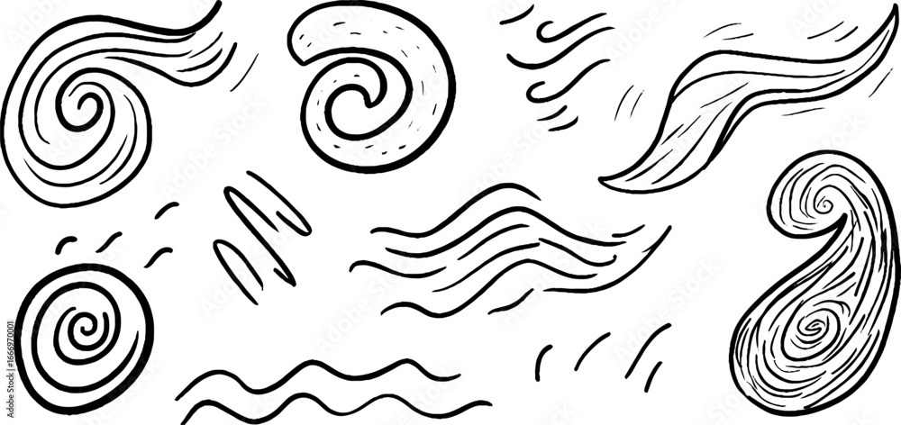 Fototapeta premium Collection of hand drawn decorative flowing waves and spirals for artistic design projects