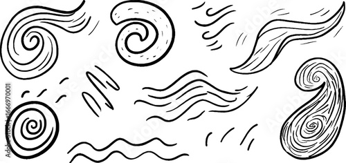 Collection of hand drawn decorative flowing waves and spirals for artistic design projects