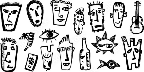 Abstract collection of hand drawn fragmented faces and objects for creative design