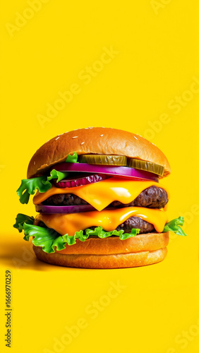 Delicious burger on an isolated yellow background