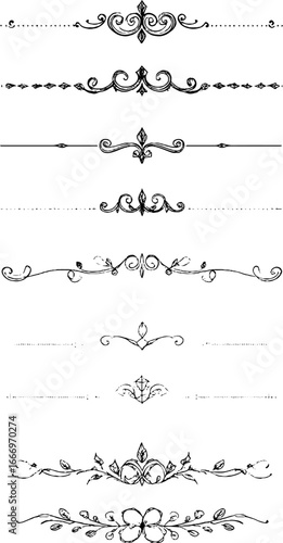 Set of hand drawn decorative gothic scrolls and borders for design