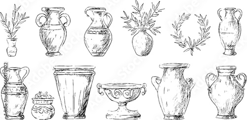 Hand drawn collection of decorative greek amphorae and vases with leaf motifs for art and design