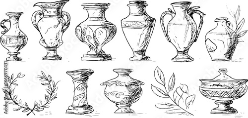 Set of hand drawn decorative greek amphorae with botanical elements for artistic designs